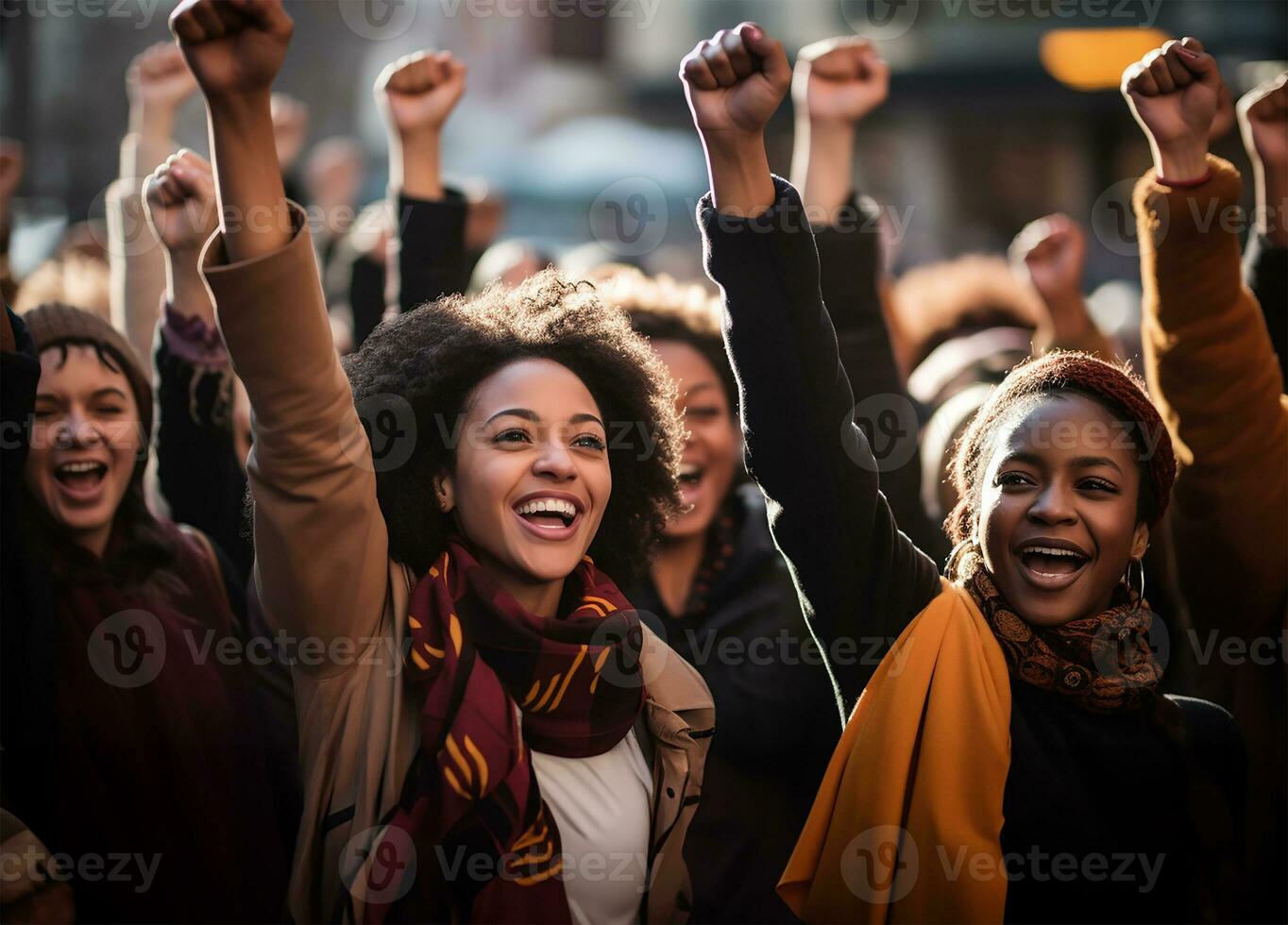 Black women march together in protest. AI Generated photo