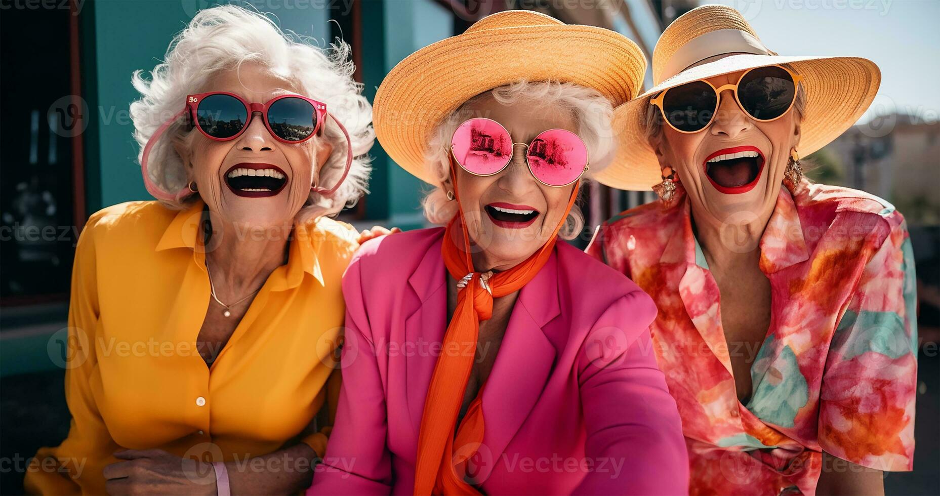 Three senior citizen mature women friends outside wearing colorful and fun fashion in the city together. AI generated photo