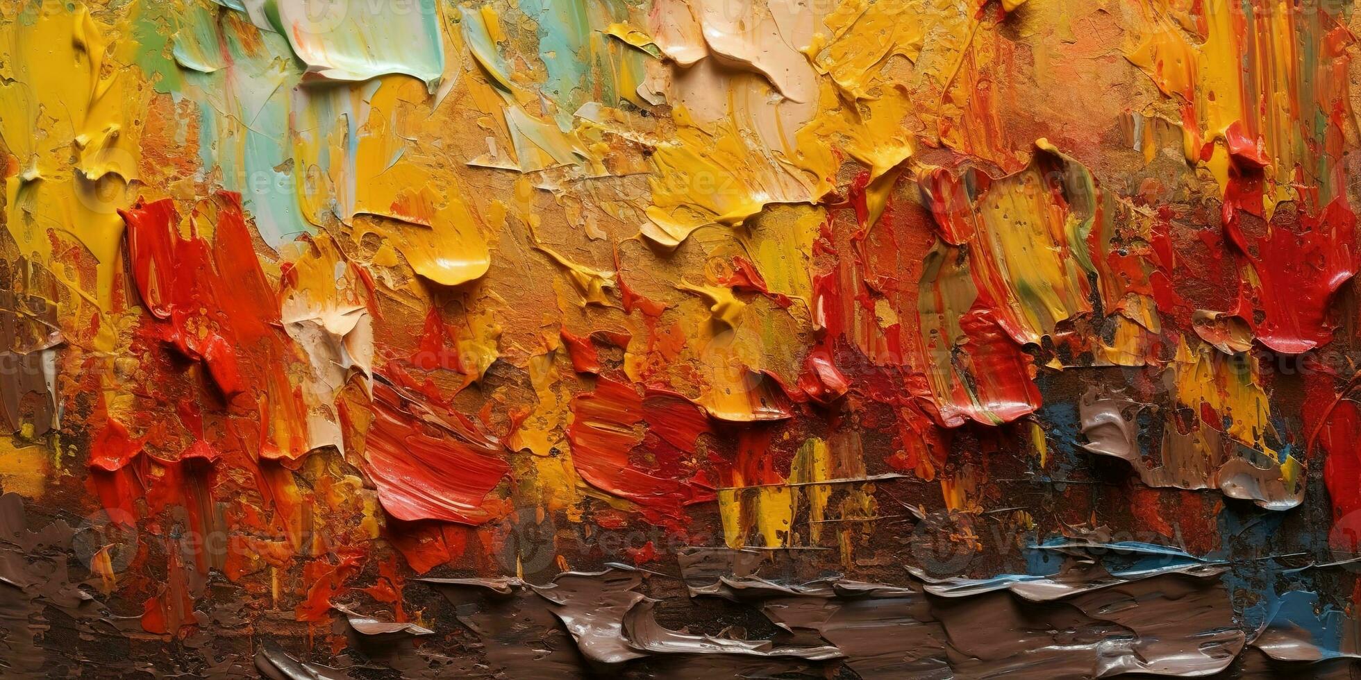 Generative AI, Closeup of impasto abstract rough autumn colors art painting texture, orange fall background photo