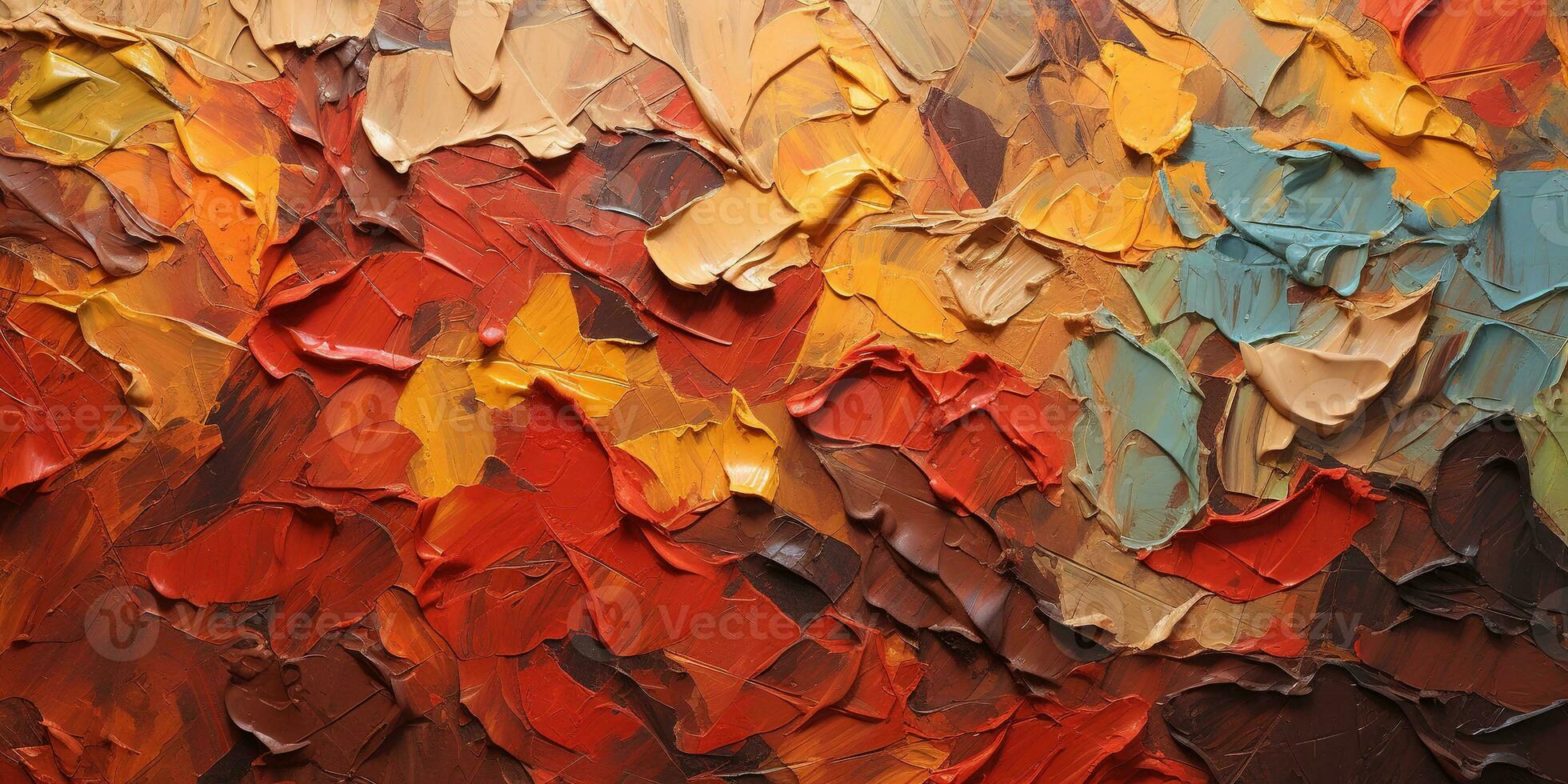 Generative AI, Closeup of impasto abstract rough autumn colors art painting texture, orange fall background photo