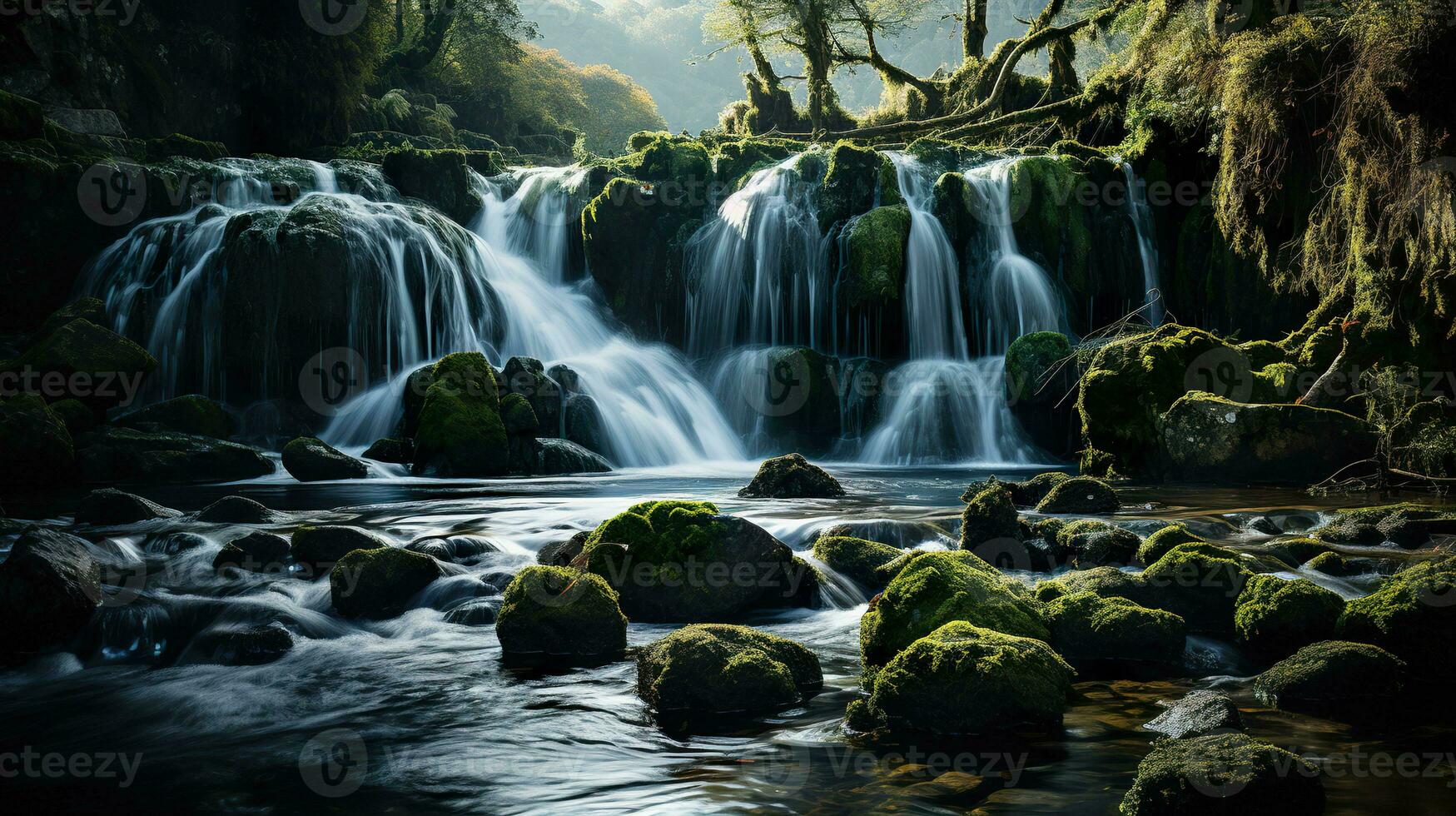 largo exposición de cascada en el bosque con verde musgo en el primer plano. generativo ai. foto