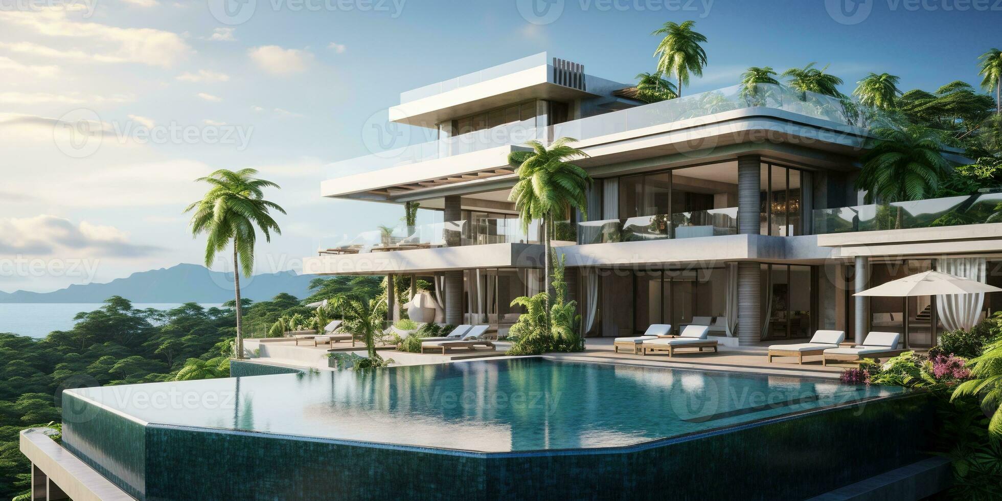 Generative AI, View of swimming pool in front of a modern luxury house. Villa, hotel resort photo