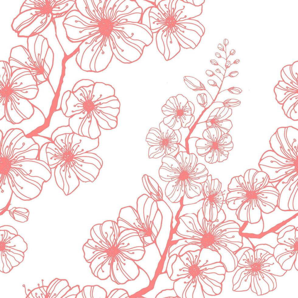 Stock vector seamless pattern with hand-drawn pink sakura branch. Ink illustration silhouette blooming cherry. Decorating Japanese spring holiday wrapping, stationery, bedline, wallpaper and fabric.