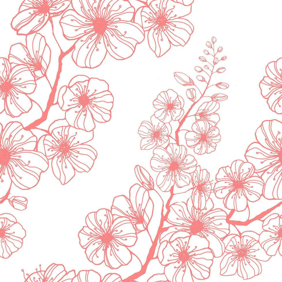 valores vector sin costura modelo con dibujado a mano rosado sakura rama. tinta ilustración silueta floreciente cereza. decorando japonés primavera fiesta envase, papelería, línea de cama, fondo de pantalla y tela.