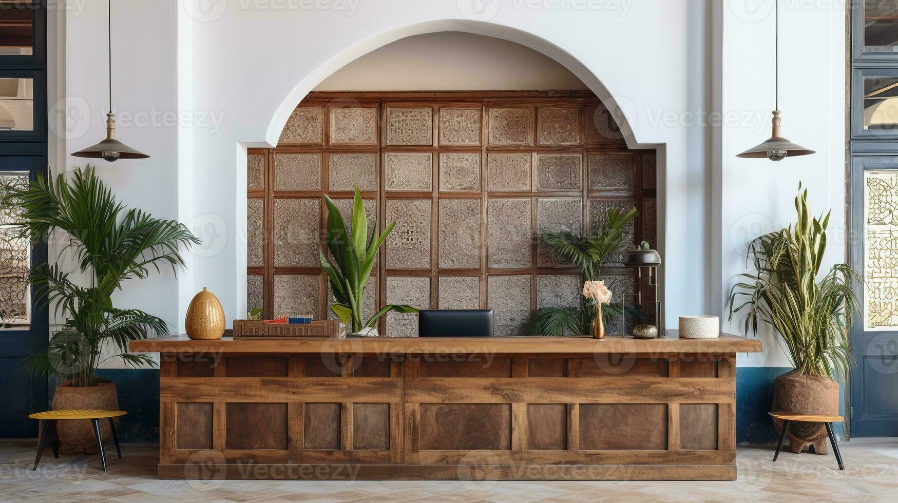 Generative AI, Front desk of boho hotel, wooden reception photo