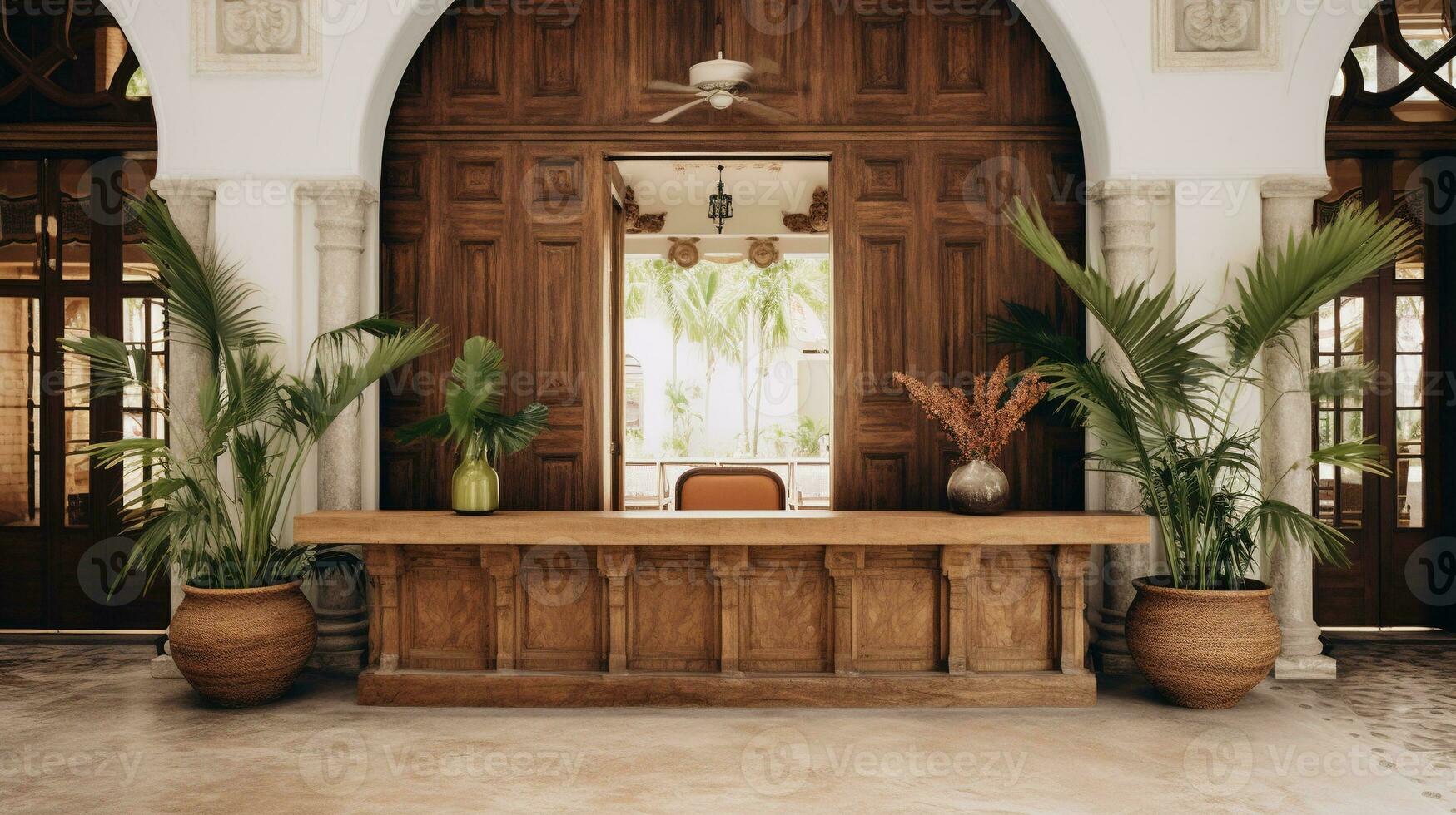 Generative AI, Front desk of boho hotel, wooden reception photo