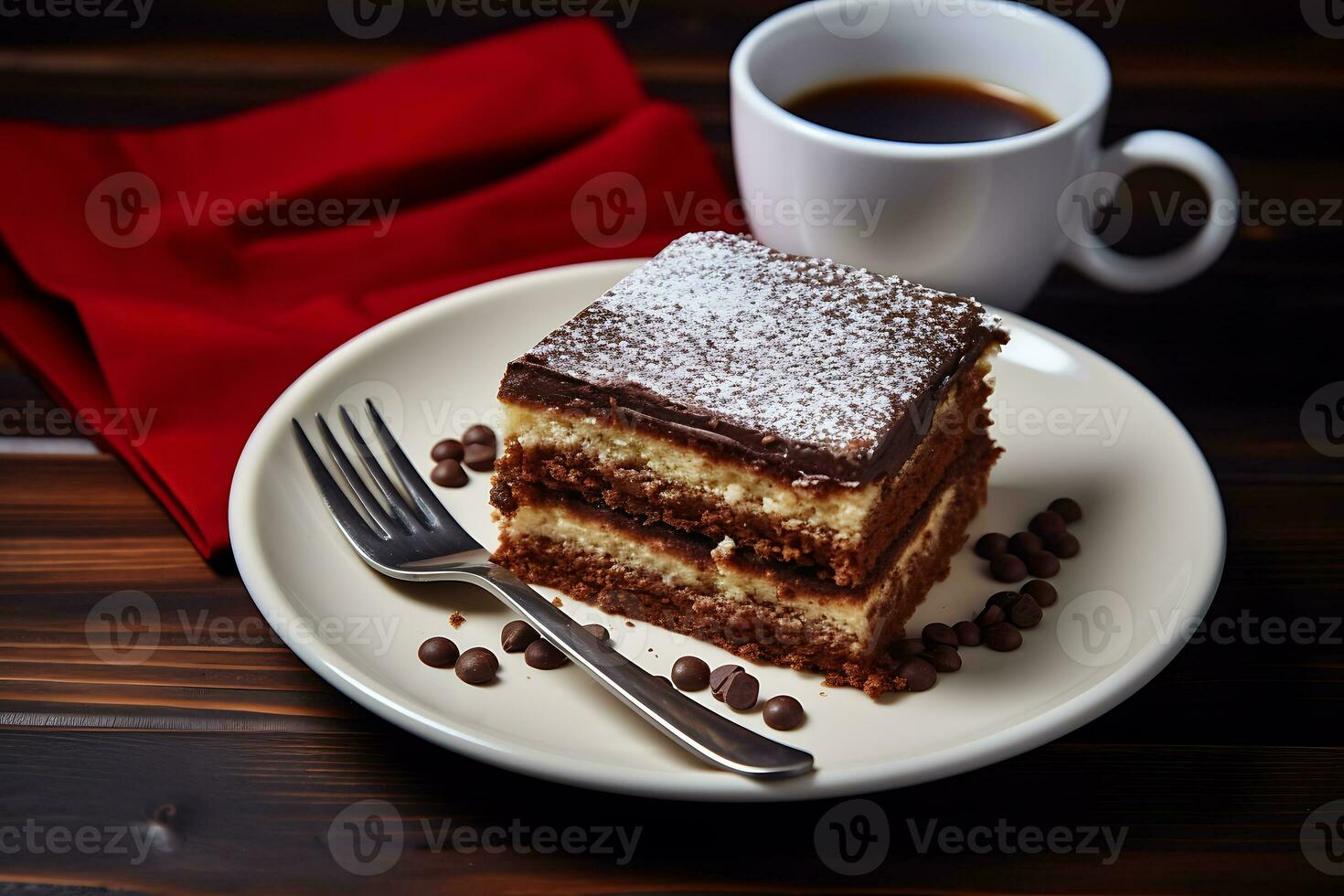 chocolate pastel piezas en un blanco plato con un taza de café foto