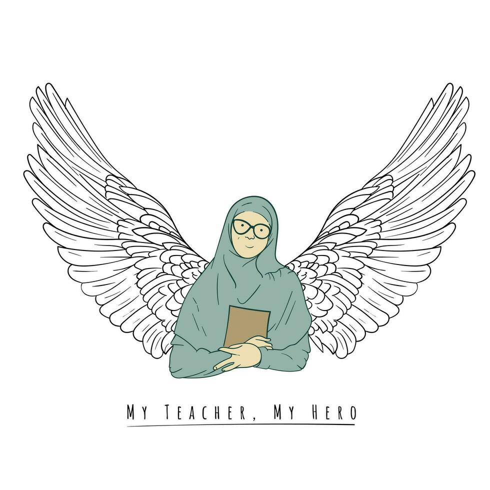 musulmán hembra profesor que lleva un libro con ala en mano dibujado diseño para del maestro día Campaña vector