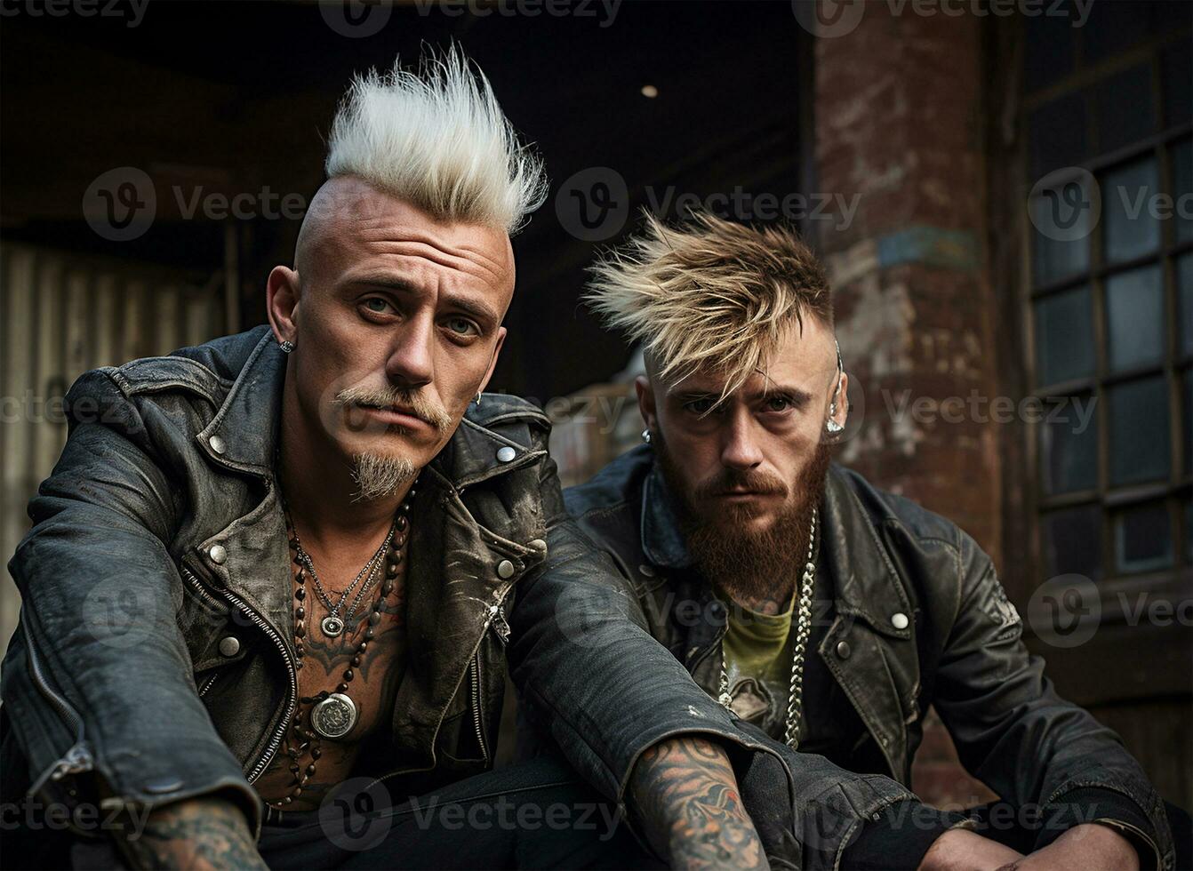 Retro gritty photograph, Two British punk rock men from the 1970s. AI Generated photo