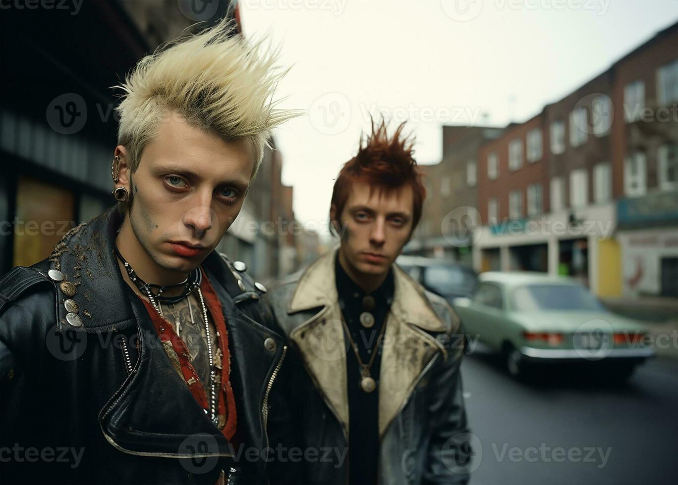 retro arenoso fotografía, dos británico punk rock hombres desde el 1970 ai generado foto