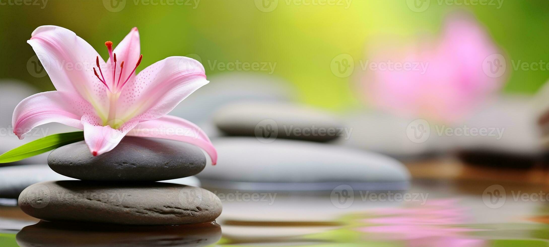 a serene zen garden, focusing on a stack of spa massage stones delicately balanced with pink lily flowers adorning them. AI Generated photo