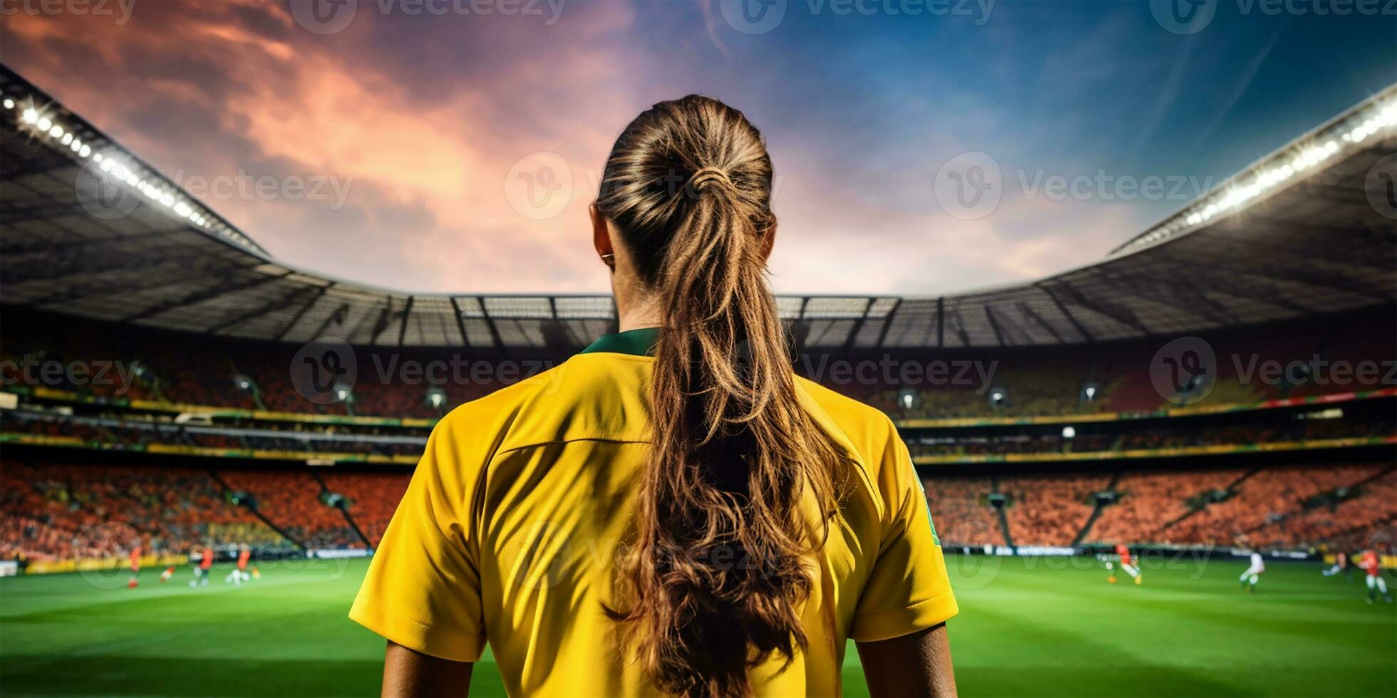 joven mujer fútbol jugador vistiendo vívido fútbol uniforme. ai generado foto