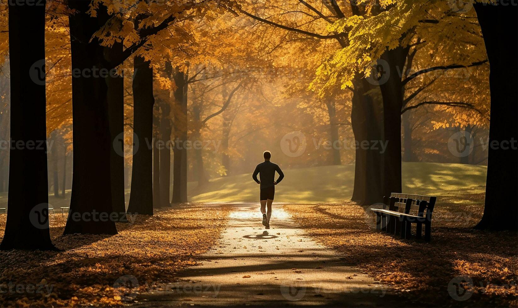 Man running in park during an autumn morning. AI Generated photo