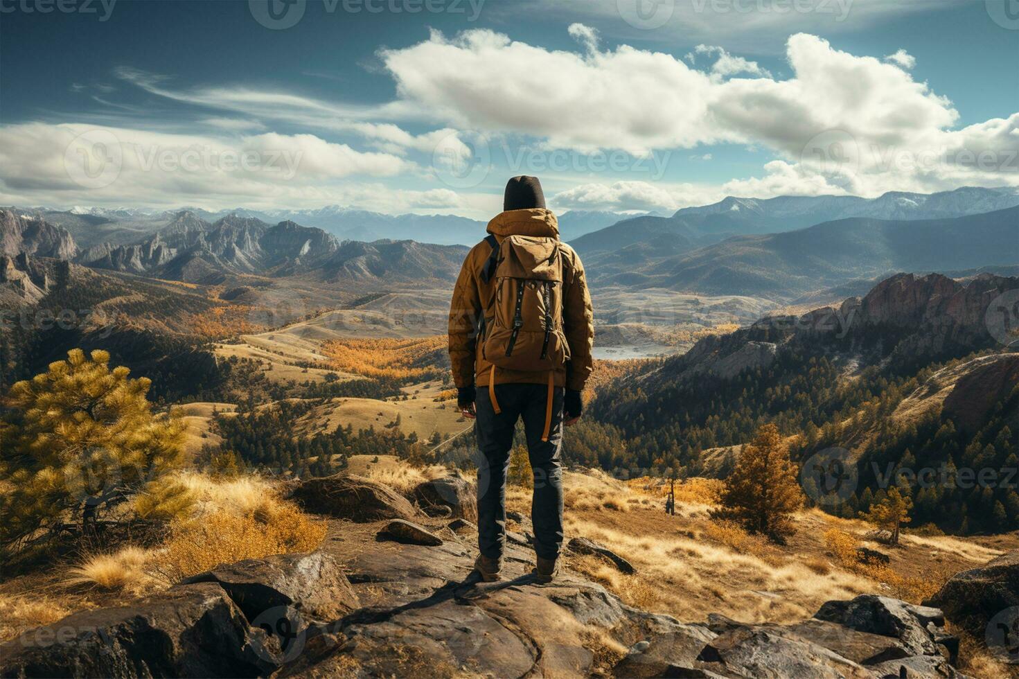 a hiker standing at the peak of a mountain with a backpack. AI Generated photo