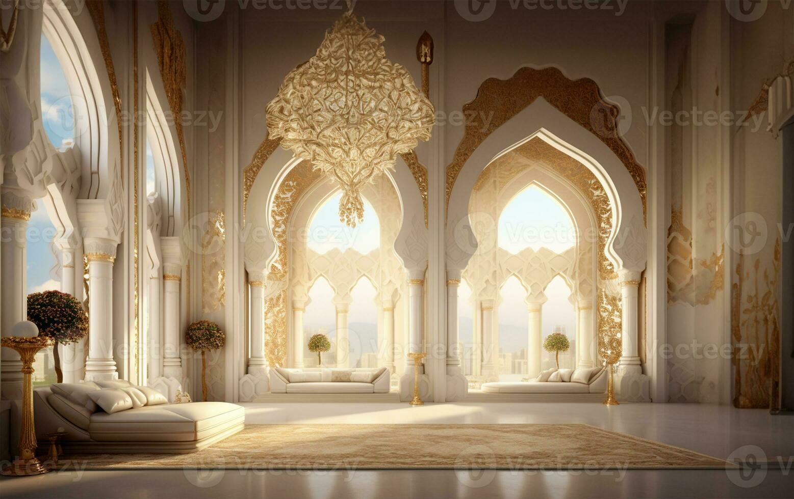 white and gold stylish Muslim prayer room. AI Generated photo