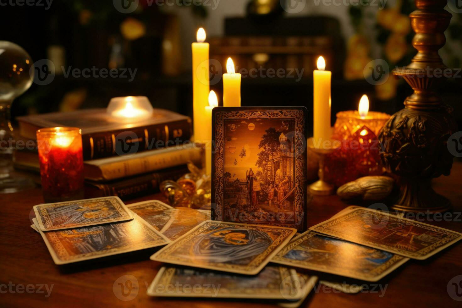 Tarot cards on wooden table. Fortune telling and reading future. Generative AI photo