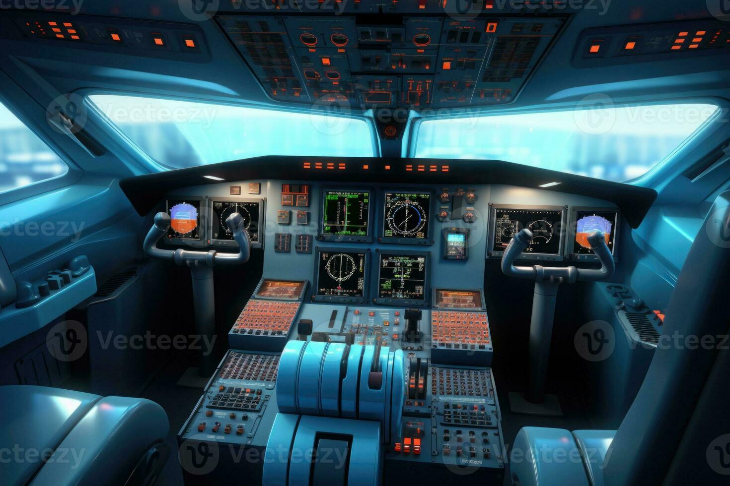 Cockpit of modern civil airplane. Plane cabin. Generative AI photo