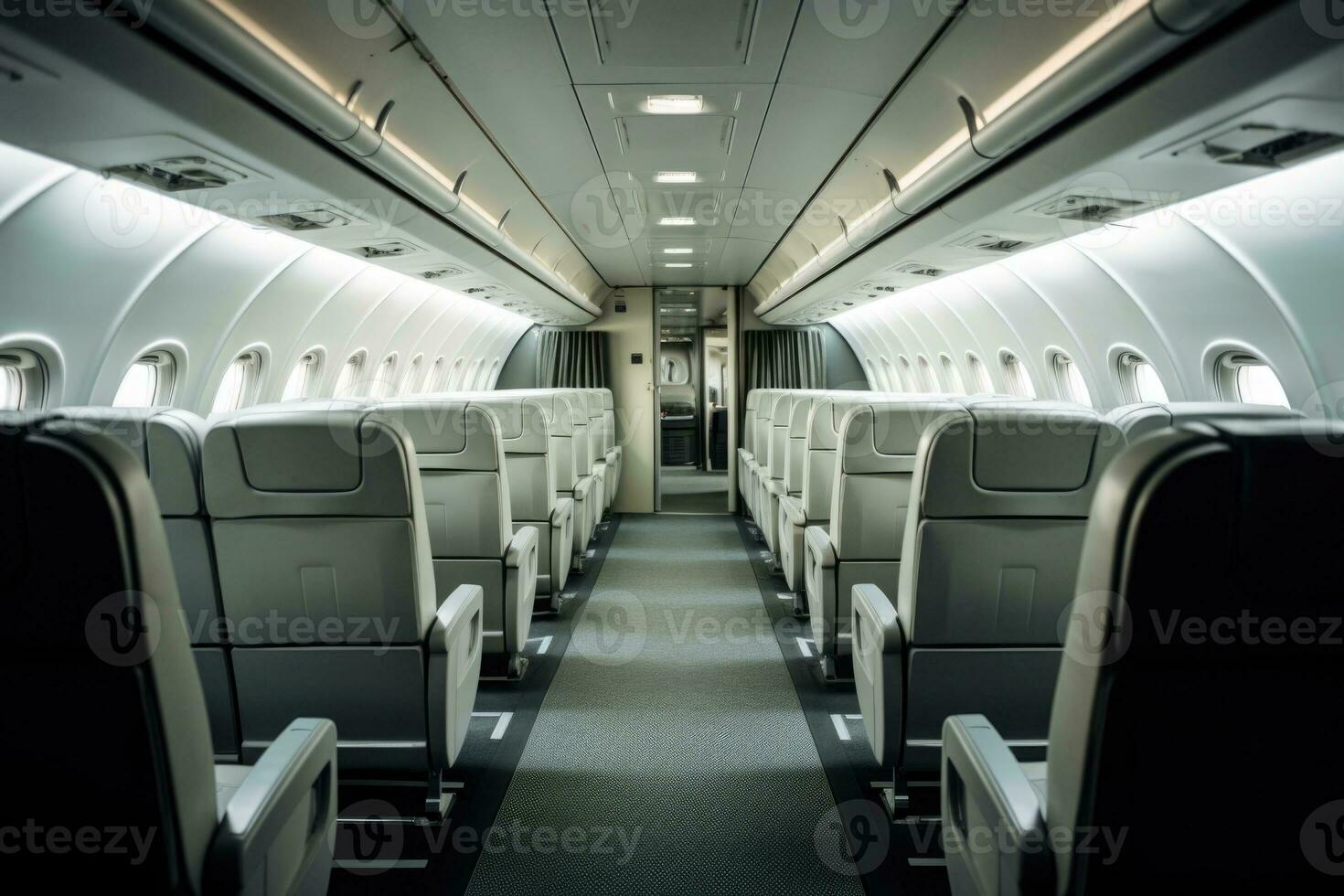 Empty passenger seats in cabin of the aircraft. Plane interior. Generative AI photo