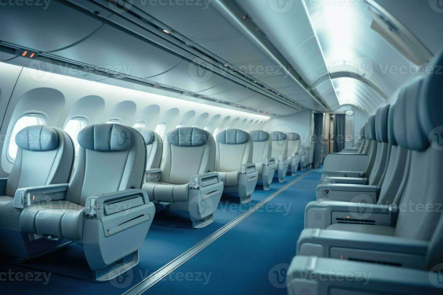 Empty passenger seats in cabin of the aircraft. Plane interior. Generative AI photo