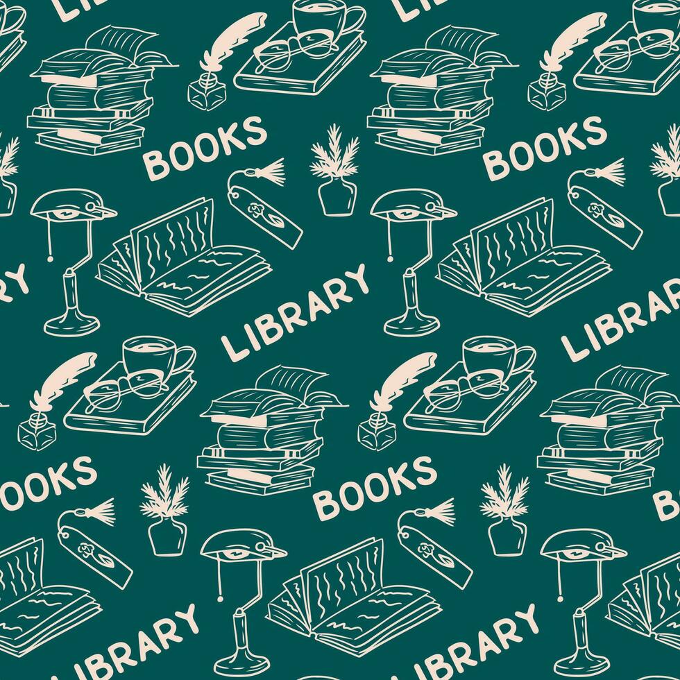 Flat vector pattern with books and related items. Minimalistic sketch hand drawn seamless design. White isolated library items on green chalkboard. Good for decoration, textile, wrapping paper