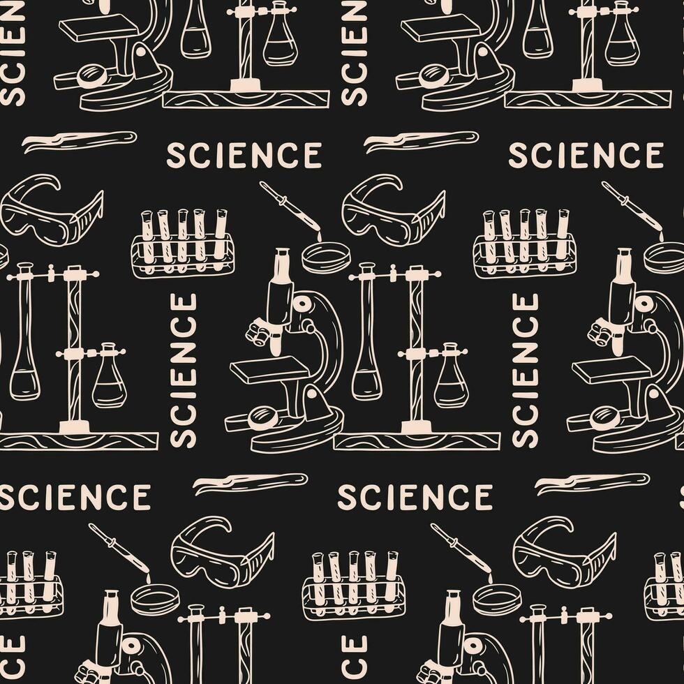 Vector flat doodle pattern with science items. Minimalistic sketch hand drawn design. White isolated science items on black chalkboard. Good for decoration, textile, wrapping paper, background