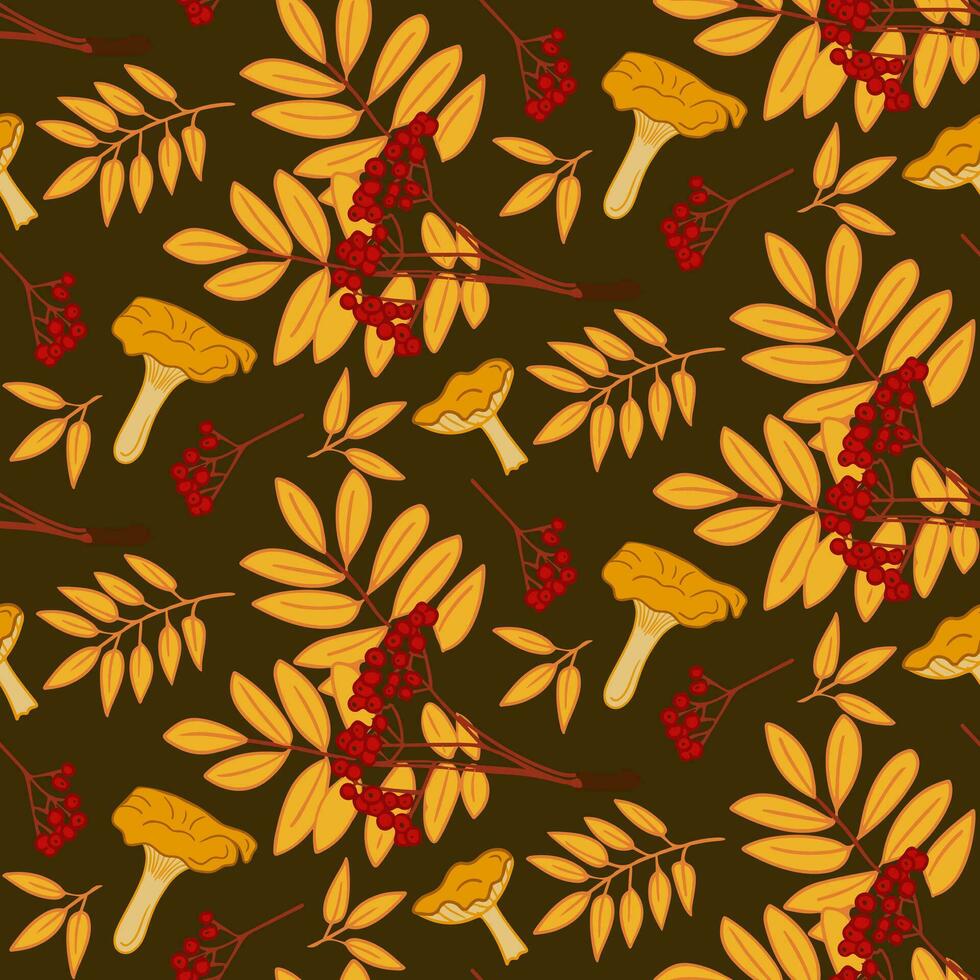 Hand drawn autumn ashberry and mushroom pattern on dark background. Isolated flat vector yellow leaves and chanerelles with red berries. Simple nature design. Good for decoration, textile, wrapping
