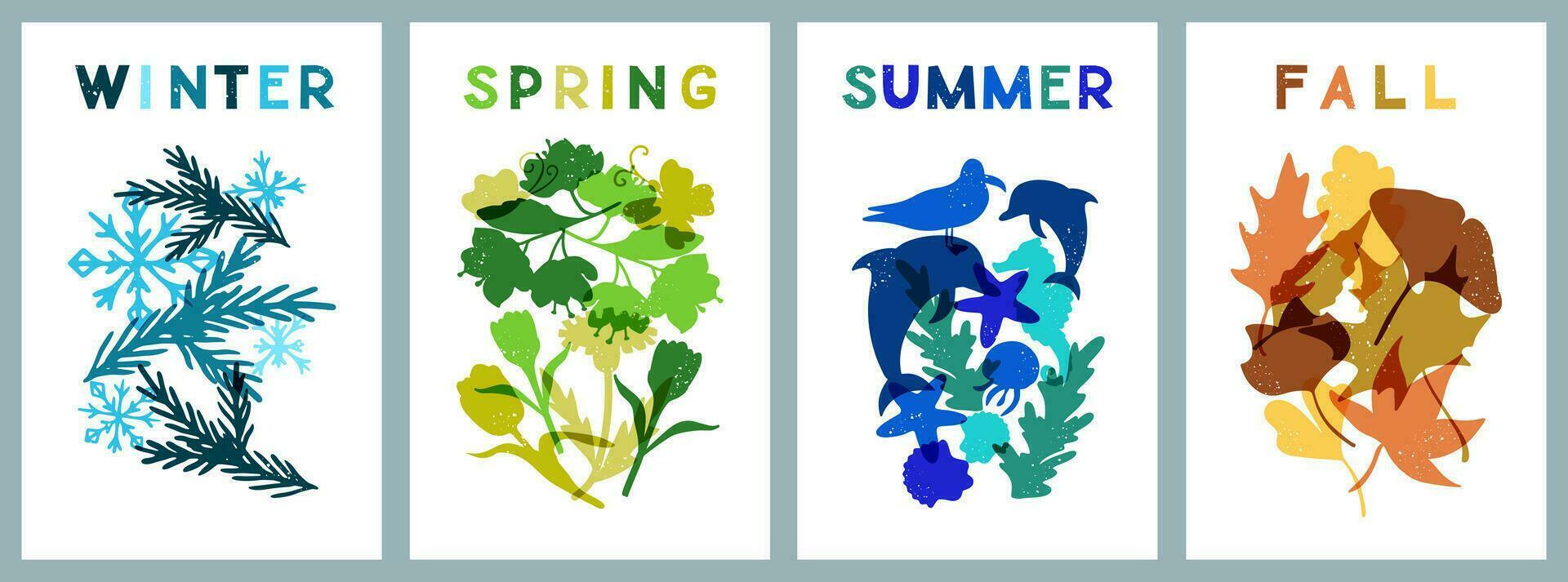 Abstract retro nature posters about four seasons. Minimalistic risoprint hand drawn concept illustration with grunge texture. Nature monochromatic silhouettes. Ideal for background, banner, poster vector