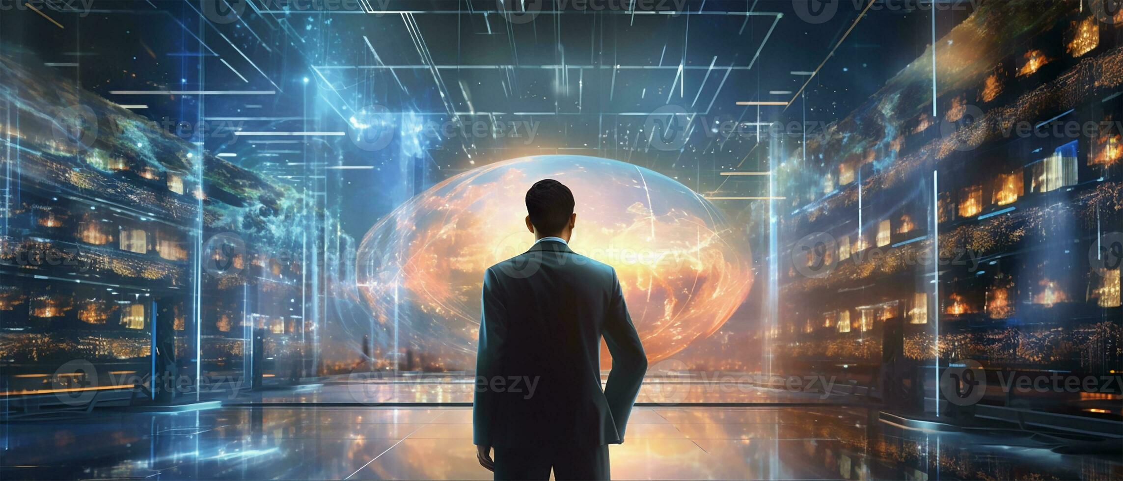 Futuristic digital illustration, IT Engineer in big database server center office, High Speed Data Transfer, Server Transfer, Technology Science Breakthrough, Progress. AI Generated photo