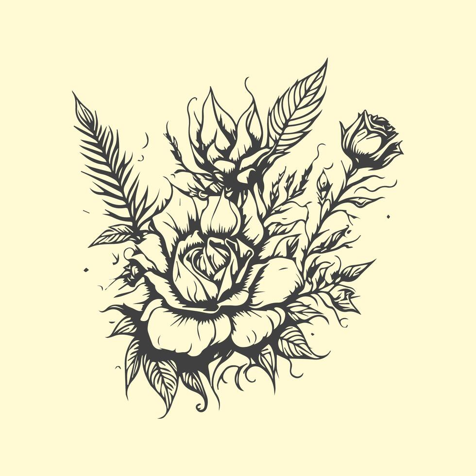 Vector sketch trendy fantasy tattoo design for apparel and t shirts. sticker, mascot, tattoo, rose, snake, fantasy, devil, artwork, textile, wildlife, hand drawn, illustration, angry, print, skeleton. photo