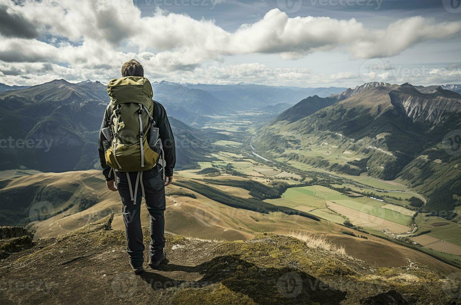 a hiker standing at the peak of a mountain with a backpack. AI Generated photo