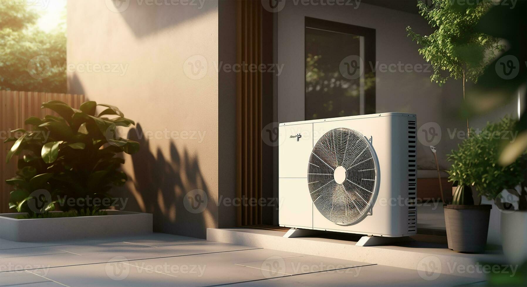 Air source heat pump installed in a residential building. AI Generated photo