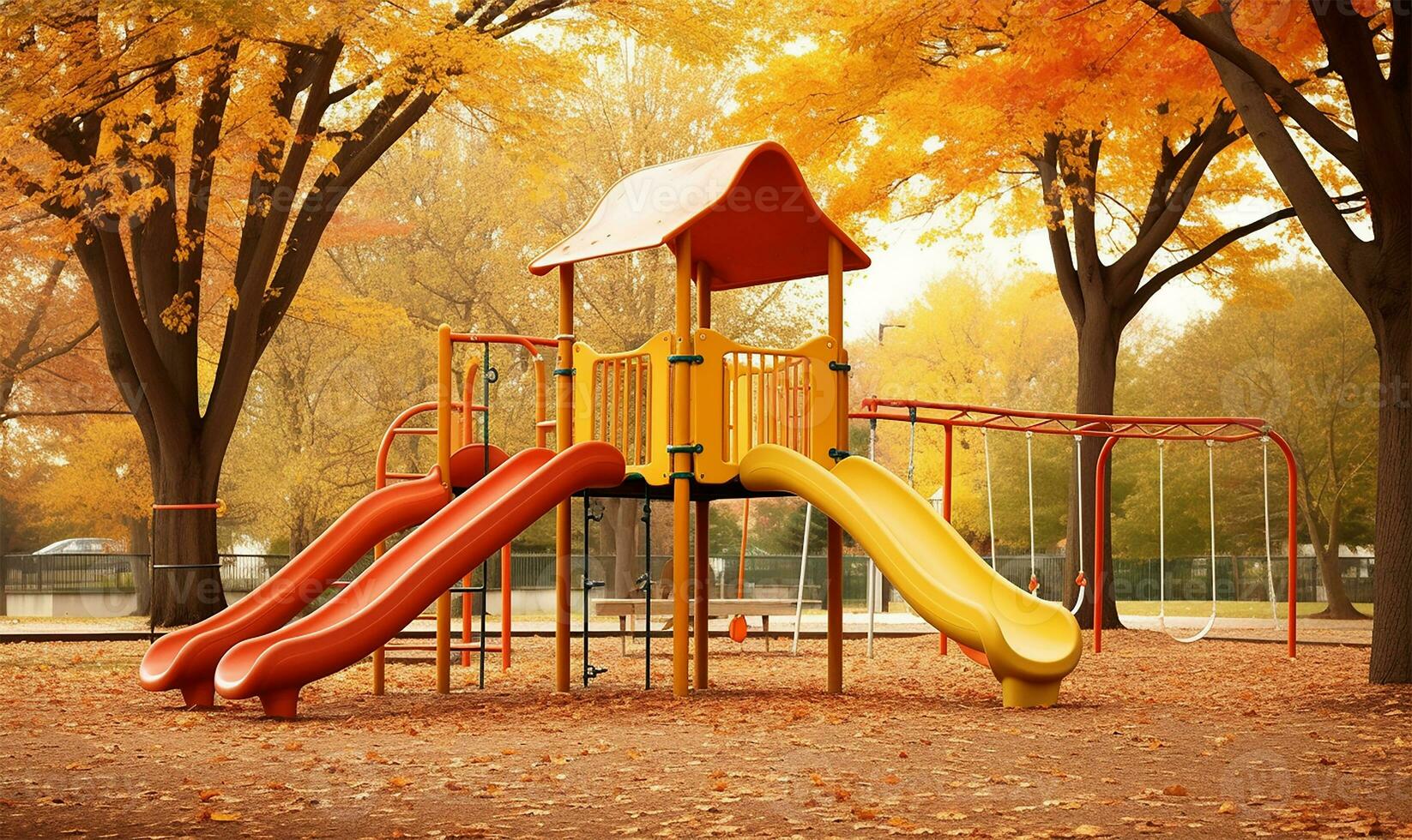 small slide standing proudly in the midst of an autumnal kids' playground. AI generated photo