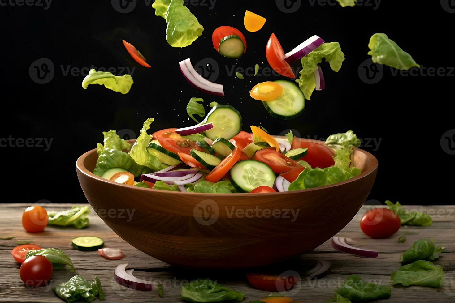 fresh vegetable salad with vegetables falling through the air into a wooden bowl photo