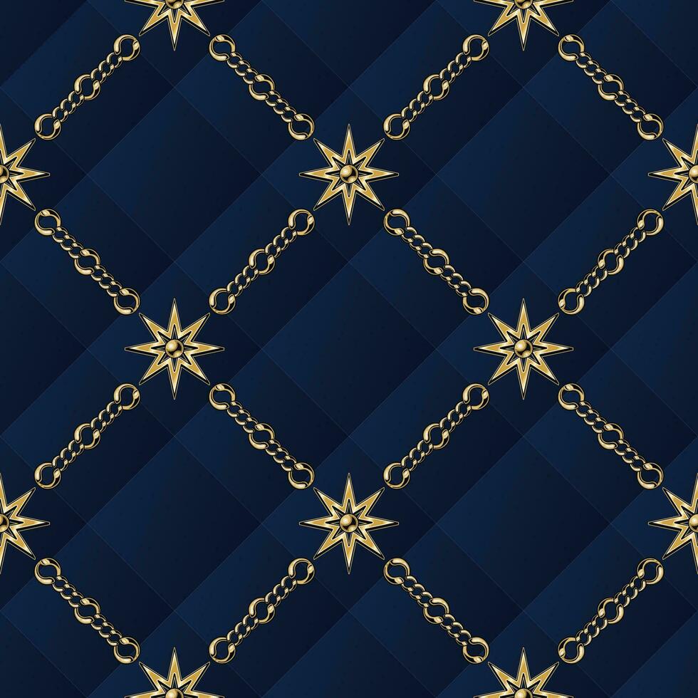 Classic geometric pattern with gold stars, chains vector