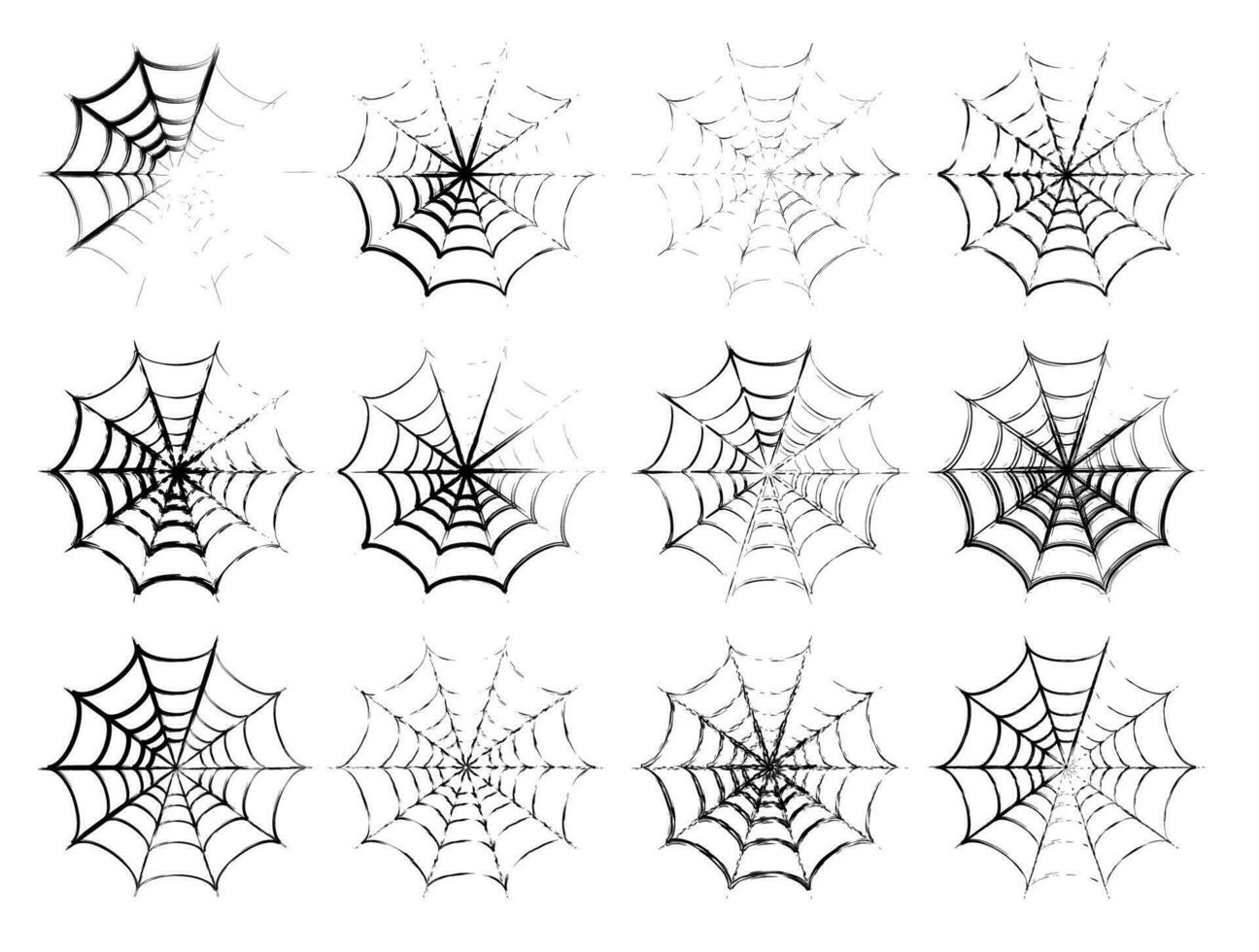 Set of 12 spiderweb in grunge sketch style. vector