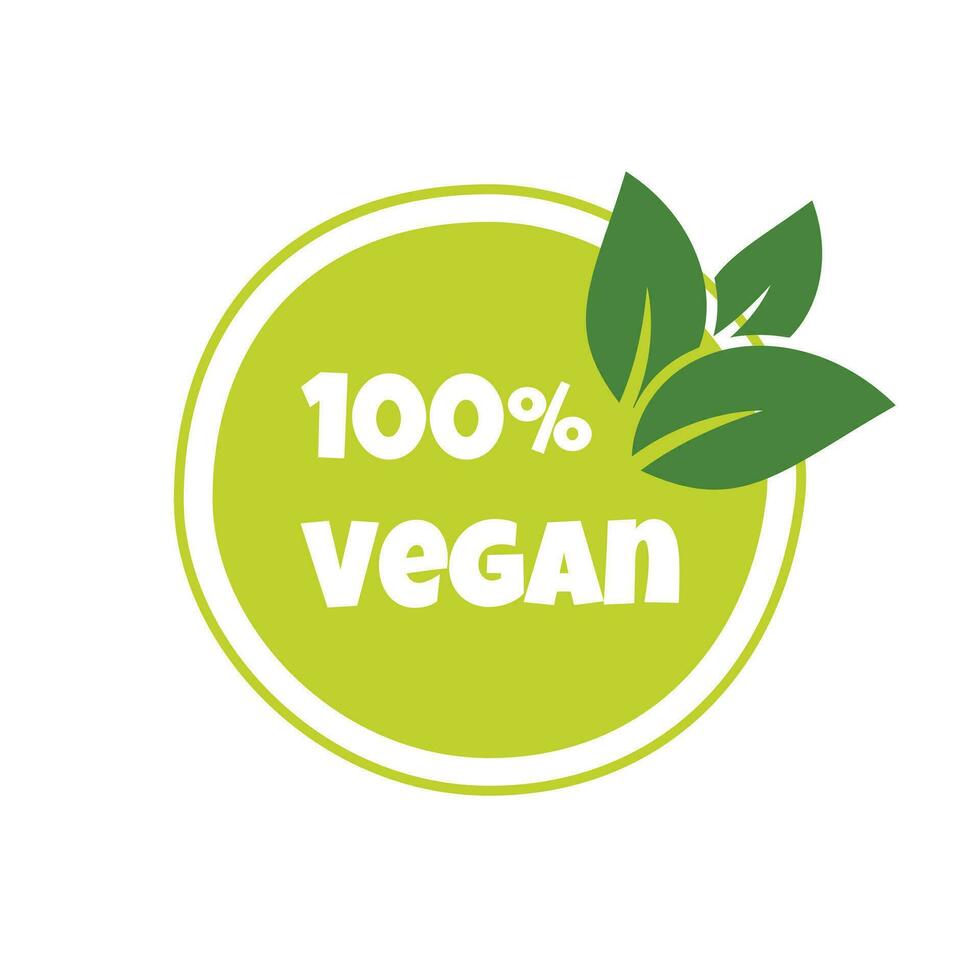 100 percent vegan sticker, label, badge and logo. Ecology icon. Logo template with green leaves for vegan product. Vector illustration isolated on white background