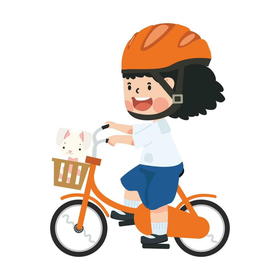 linda niña estudiante montando bicicleta yendo a colegio vector