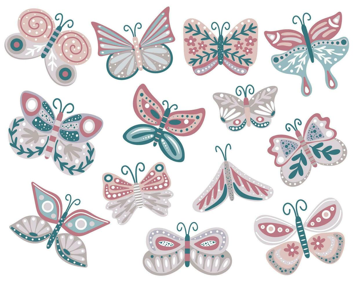 mano dibujado colección de mariposas decorado con flores y hierbas vector