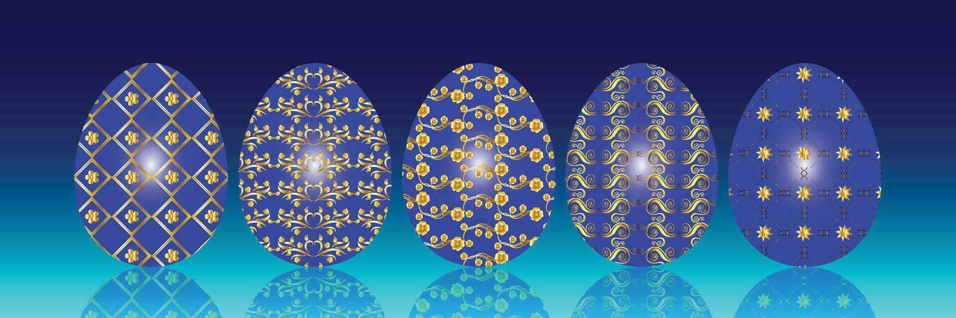 Set of easter eggs with different patterns in blue and gold vector