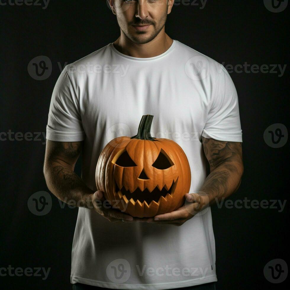 ai generativo foto de un hombre participación Víspera de Todos los Santos calabaza en mano, vistiendo un llanura blanco camiseta