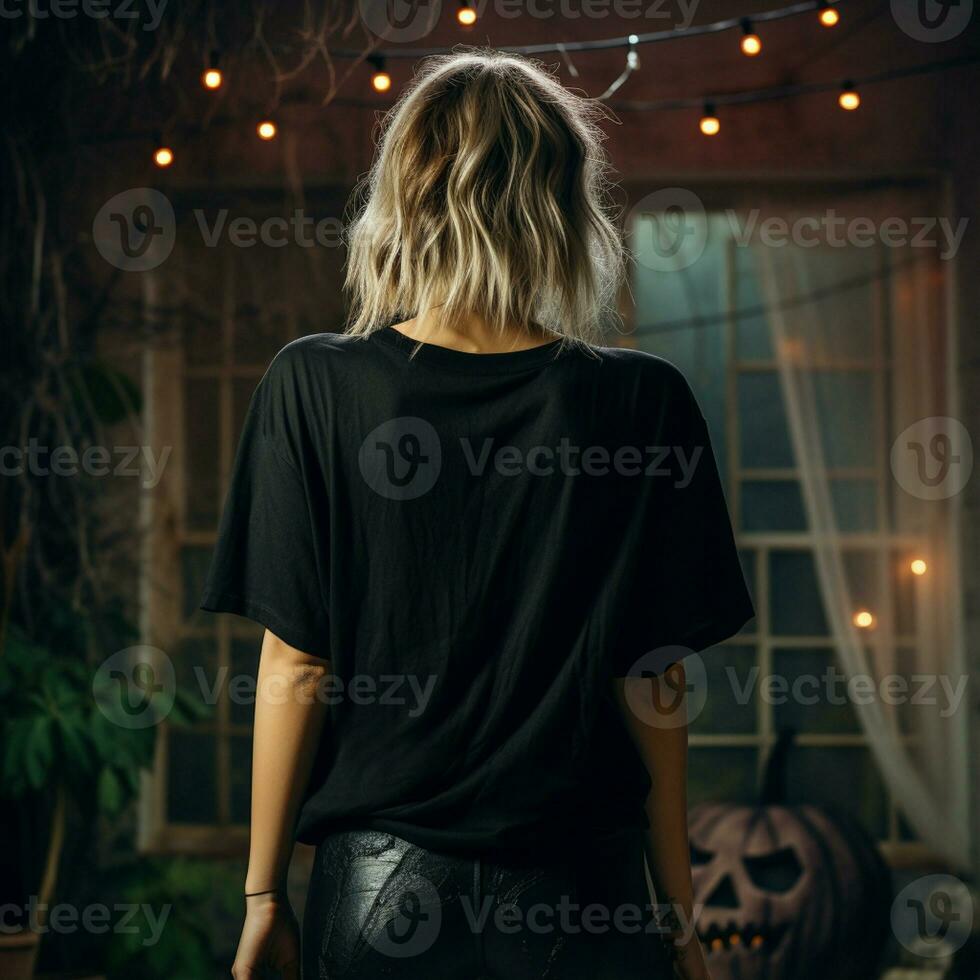 AI generated Girl model wearing black oversize t - shirt. halloween theme. Back view. modern style photo