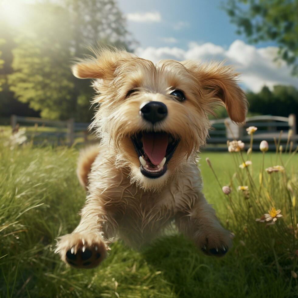 AI generative high quality photo of a happy dog playing ball on the grass