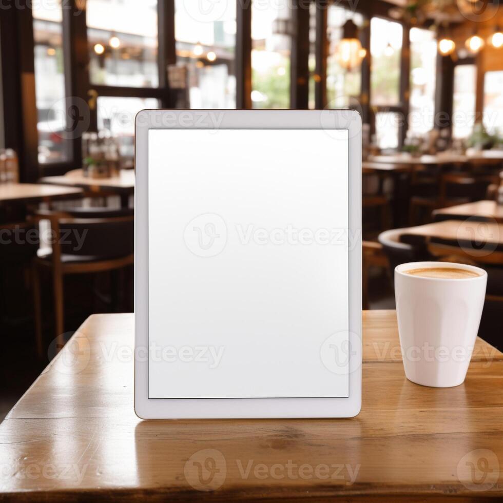 High quality photo of big tablet with blank screen on the table, perfect to create mockup preview