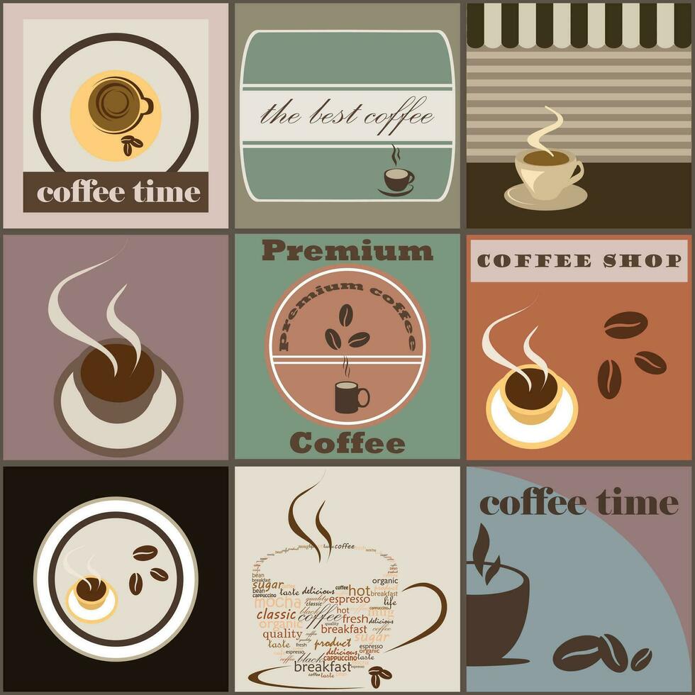 Set of illustration backgrounds with coffee beans, mugs and cups in vintage colors for industrial use vector