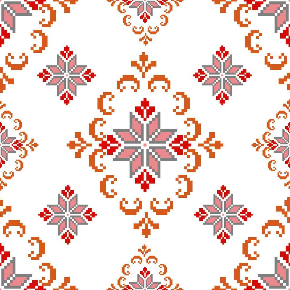 Floral Cross Stitch Embroidery on white background.geometric ethnic oriental seamless pattern traditional.Aztec style abstract vector illustration.design for texture,fabric,clothing,wrapping,sarong.