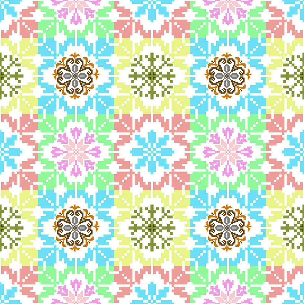Floral Cross Stitch Embroidery on white background.geometric ethnic oriental seamless pattern traditional.Aztec style abstract vector illustration.design for texture,fabric,clothing,wrapping,sarong.