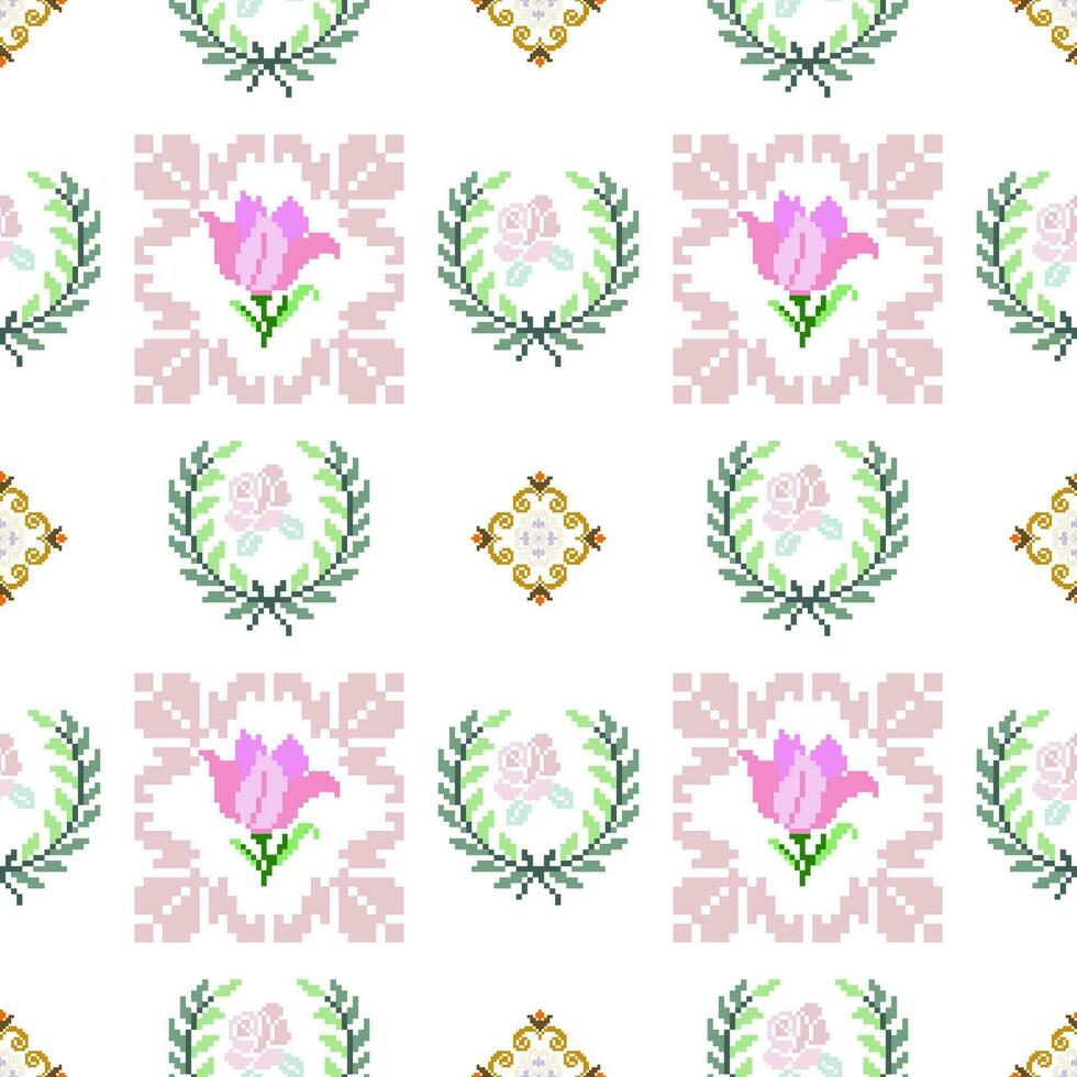 Floral Cross Stitch Embroidery on white background.geometric ethnic oriental seamless pattern traditional.Aztec style abstract vector illustration.design for texture,fabric,clothing,wrapping,sarong.
