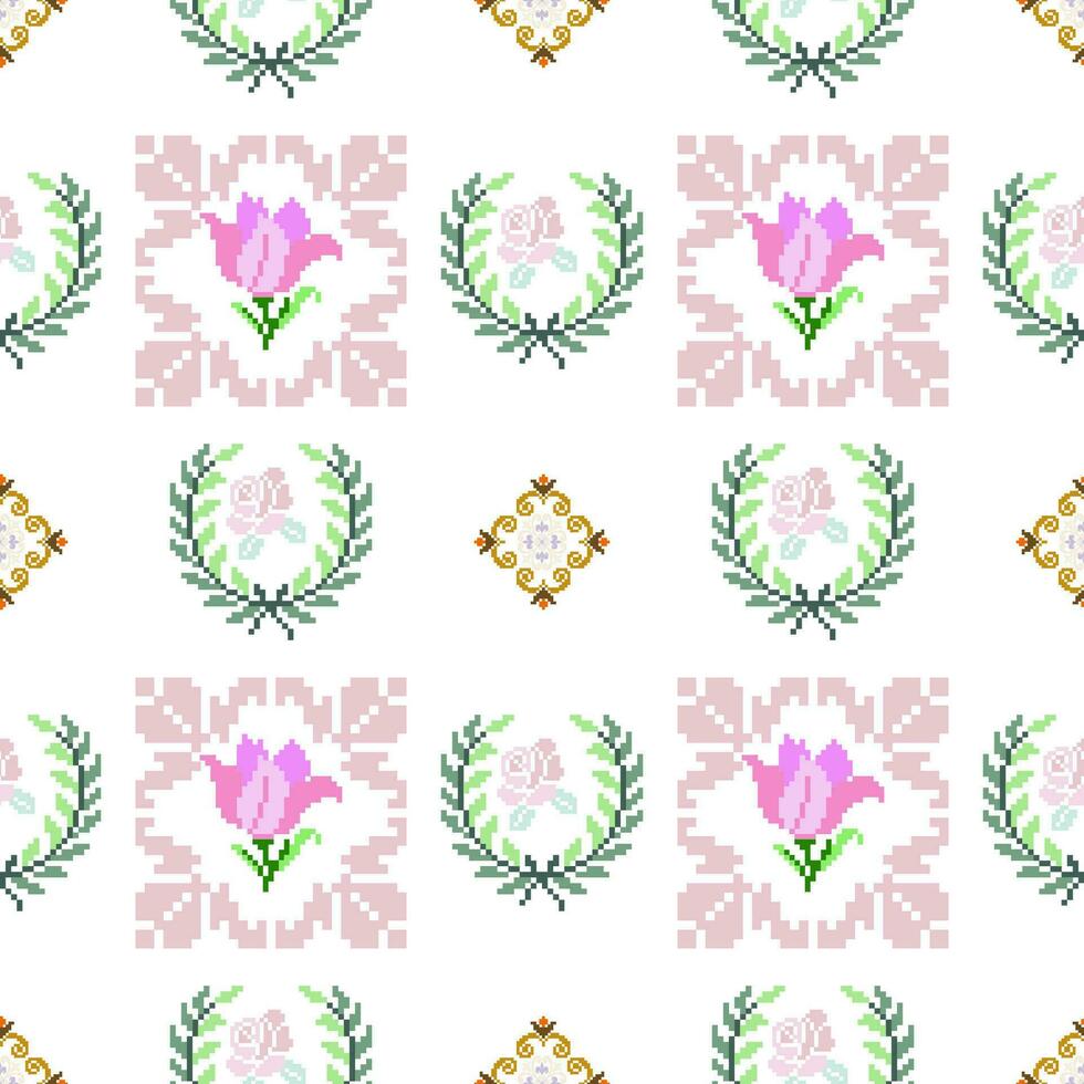 Floral Cross Stitch Embroidery on white background.geometric ethnic oriental seamless pattern traditional.Aztec style abstract vector illustration.design for texture,fabric,clothing,wrapping,sarong.