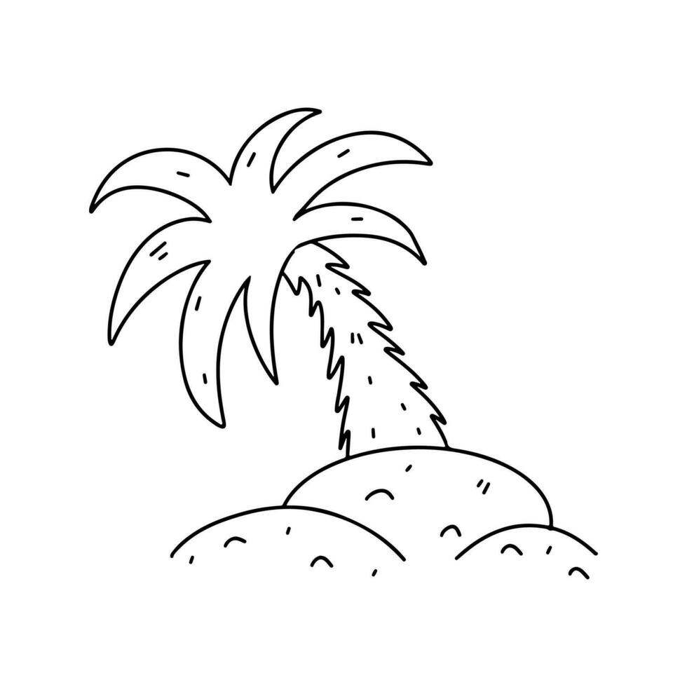 Palm tree on island. Hand drawn doodle style. Vector illustration isolated on white. Coloring page.