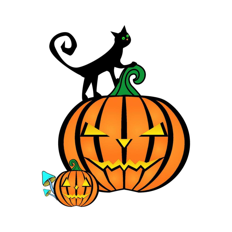 Composition for Halloween two pumpkins and a cat stands on top, mushrooms. Primitive drawings decoration for banners and invitations vector